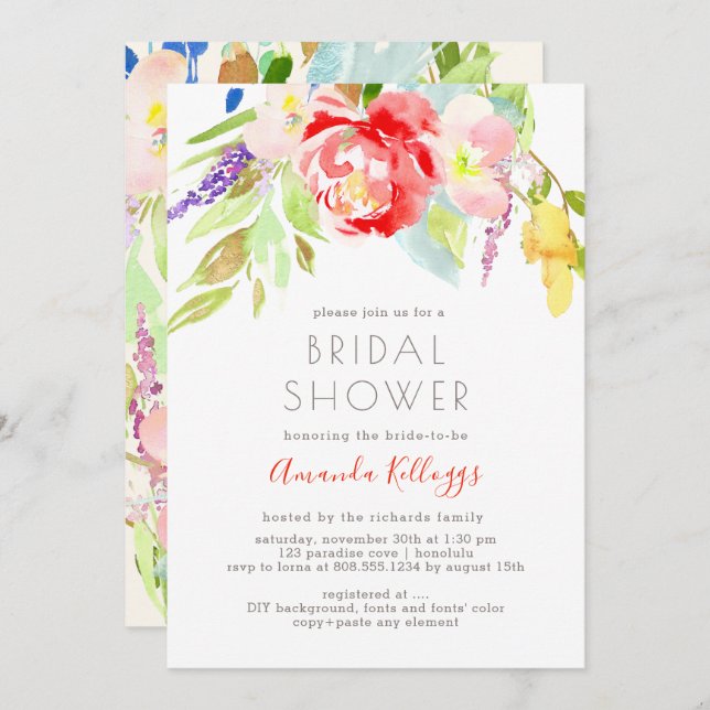 PixDezines Möhippa Watercolor Vår Blommigt Inbjudningar (Fram/baksida)