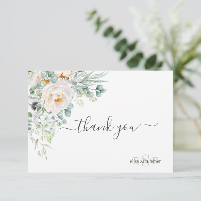 PixDezines Monogram Vattenfärg Peonies Anemone Tack Kort (Stående Fram)