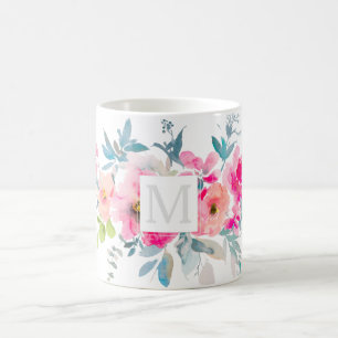 PixDezines MONOGRAM VATTENFÄRG TRÄDGÅRD ROSA ROS Kaffemugg