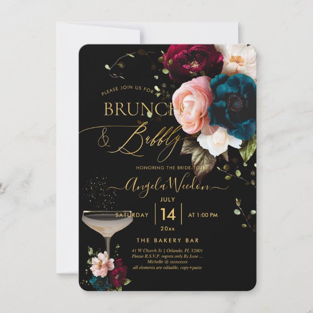 PixDezines Moody Botanisk Brunch Bubbly Inbjudningar (Framsida)