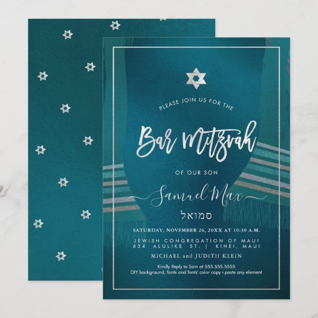 PixDezines Mörk Teal+Platinum Talitz Pub Mitzvah Inbjudningar (Fram/baksida)