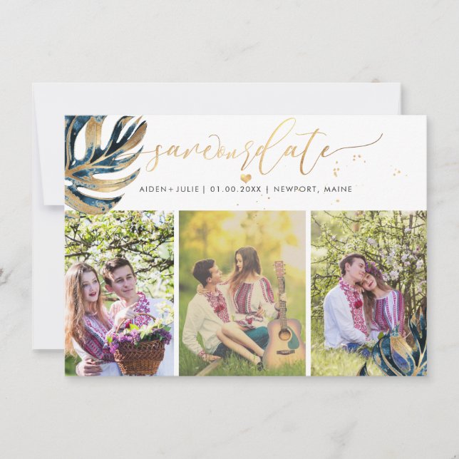 PixDezines Navy Blue Monstera Faux Metallic Spara Datumet (Framsida)