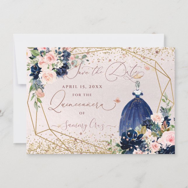 PixDezines Navy Blue - Spara datumet quinceanera Inbjudningar (Framsida)