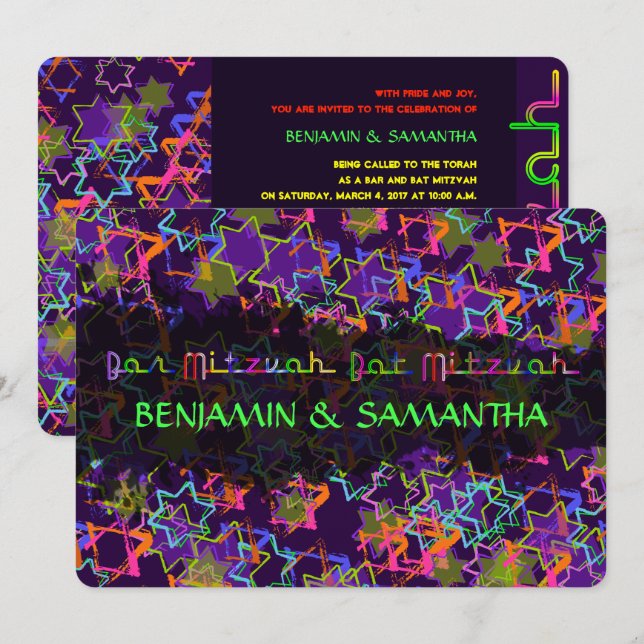 PixDezines NEON/GRUNGE STARS/PUB+BAT MITZVAH Inbjudningar (Fram/baksida)