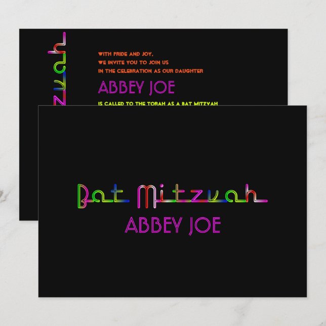 PixDezines neon ljus bat mitzvah Inbjudningar (Fram/baksida)