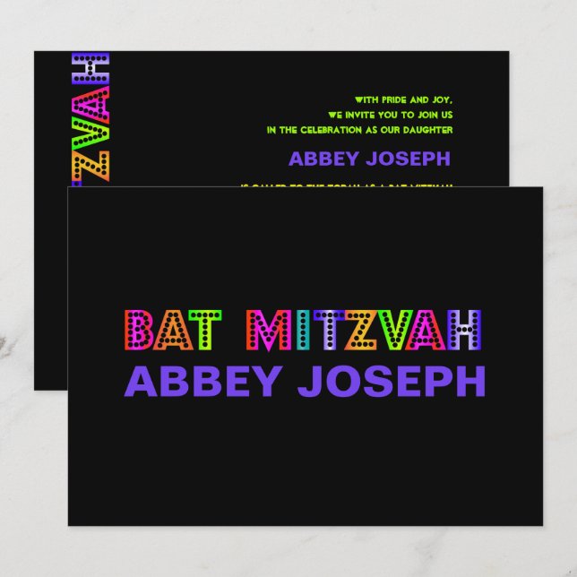 PixDezines Neon Ljus Bat mitzvah Inbjudningar (Fram/baksida)