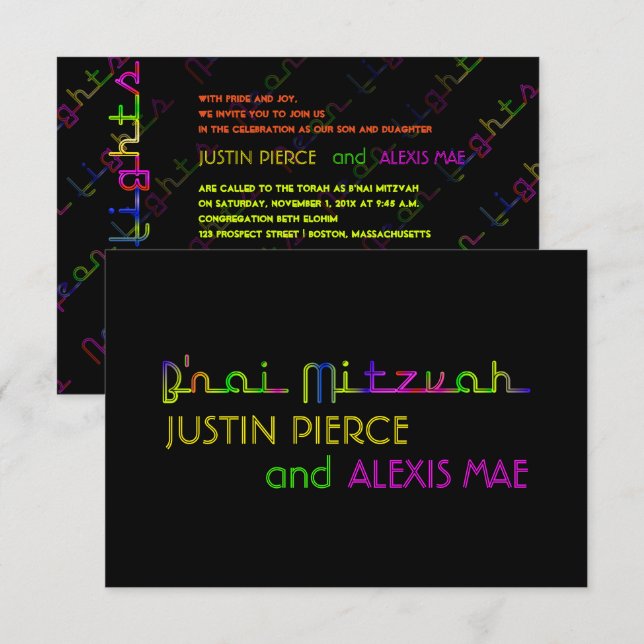 PixDezines neon ljus b'nai mitzvah Inbjudningar (Fram/baksida)