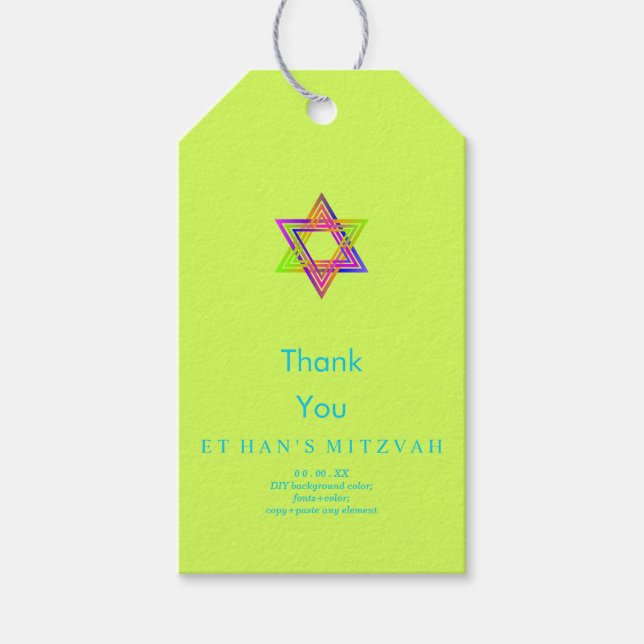 PixDezines Neon Ljus Star of David Pub Mitzvah Presentetikett (Framsidan)