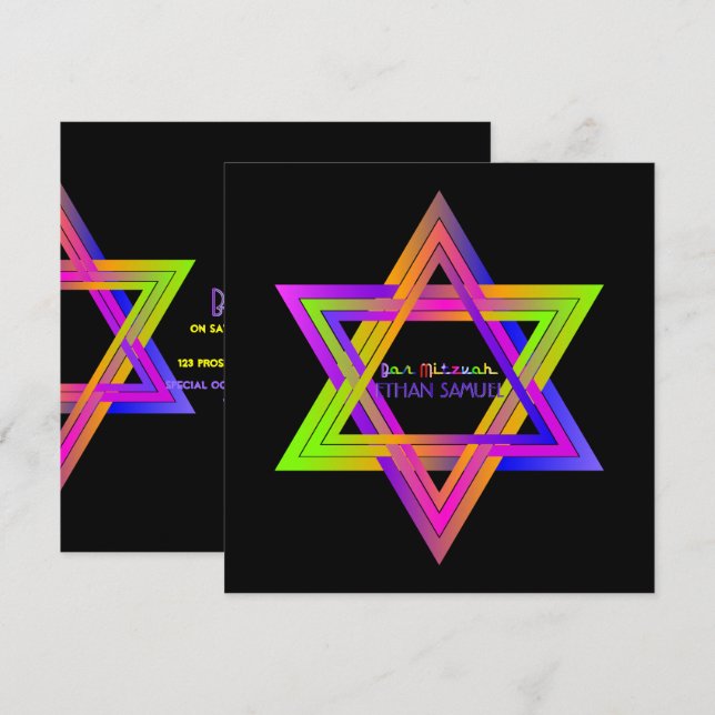PixDezines Neon Sign Star av David/Pub Mitzvah Inbjudningar (Fram/baksida)