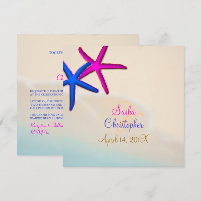 PixDezines Neon Starfish/Beach Wedding Inbjudningar (Fram/baksida)