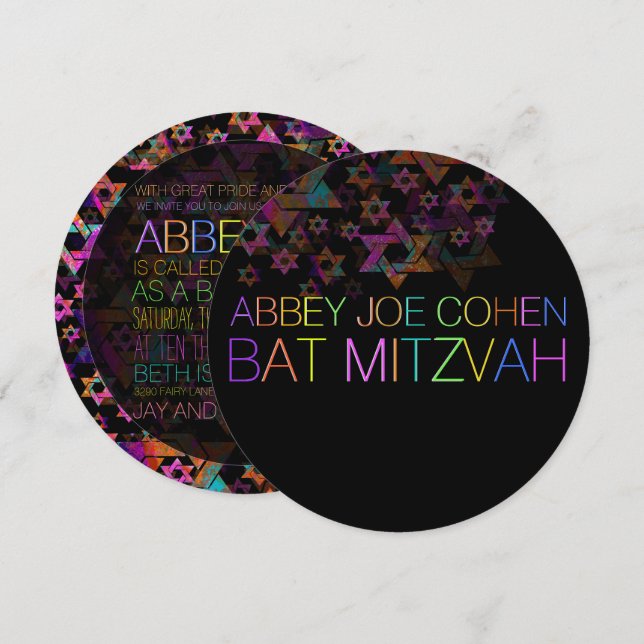 PixDezines neon/typography/psychedelic/bat mitzvah Inbjudningar (Fram/baksida)