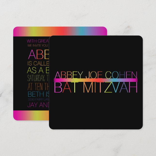 PixDezines-neoner/typografi/bat mitzvah Inbjudningar (Fram/baksida)