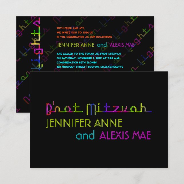 PixDezines neonljus b'not mitzvah Inbjudningar (Fram/baksida)