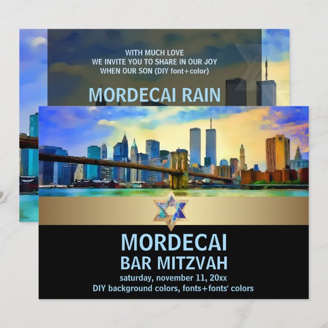 PixDezines NYC/Brooklyn Bridge/Pub Mitzvah Inbjudningar (Fram/baksida)