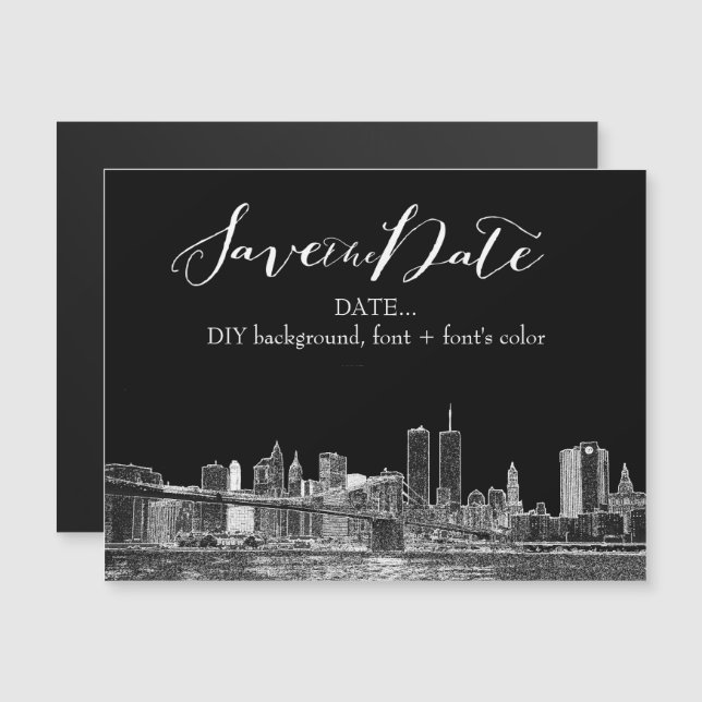 PixDezines NYC Sketched Cityscape Magnetisk Inbjudningskort (Fram/baksida)
