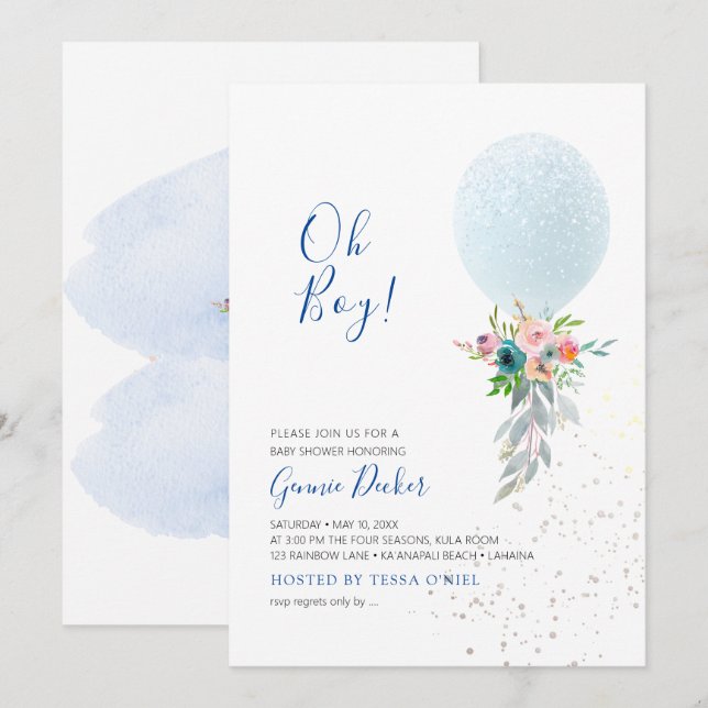 PixDezines Oh Boy Balloon Baby Shower Inbjudningar (Fram/baksida)