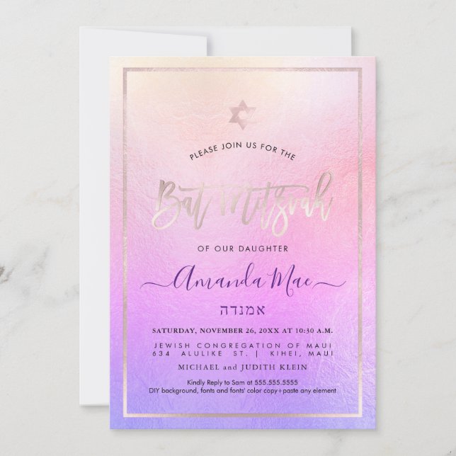 PixDezines Ombre  Rosa+Violet Bat mitzvah Inbjudningar (Framsida)