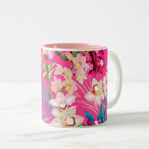 PixDezines Orchid Isle, Rosa Orchid+Blue Foliage Två-Tonad Mugg