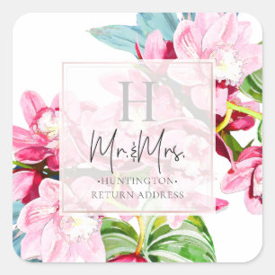 PixDezines Orchid Isle, Rosa Orchid+Ti Lövs Fyrkantigt Klistermärke