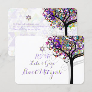 PixDezines OSA LIVETS TRÄD Bnot MITZVAH/LILA Inbjudningar