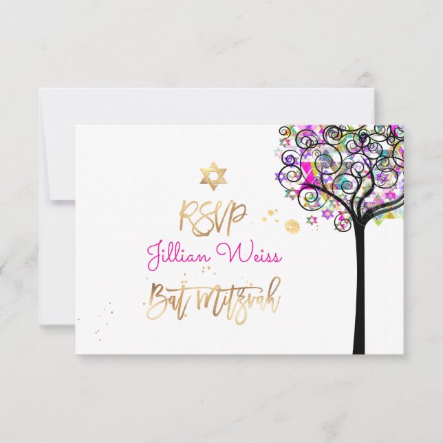PixDezines OSA Livets träd/Neon Bat mitzvah ✡ Inbjudningar (Framsida)