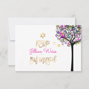 PixDezines OSA Livets träd/Neon Bat mitzvah ✡ Inbjudningar