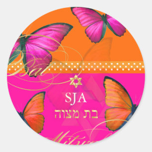 PixDezines Papillon, retro Bat Mitzvah Runt Klistermärke