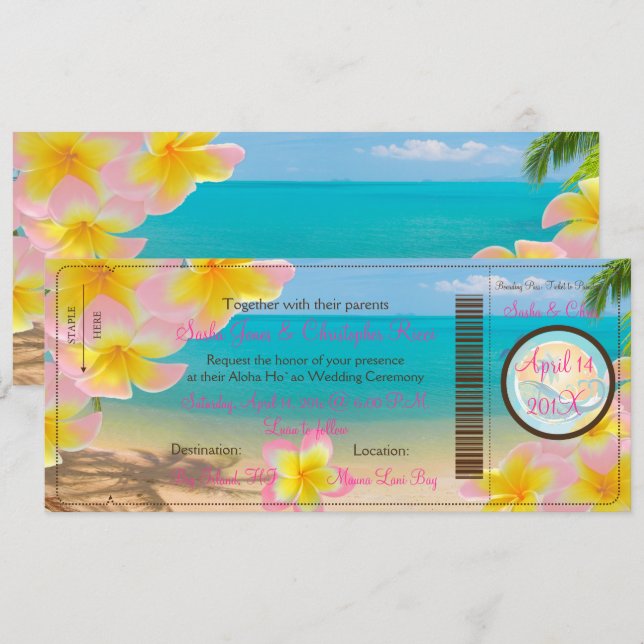 PixDezines PASS+ROSA PLUMERIA+BEACH Inbjudningar (Fram/baksida)