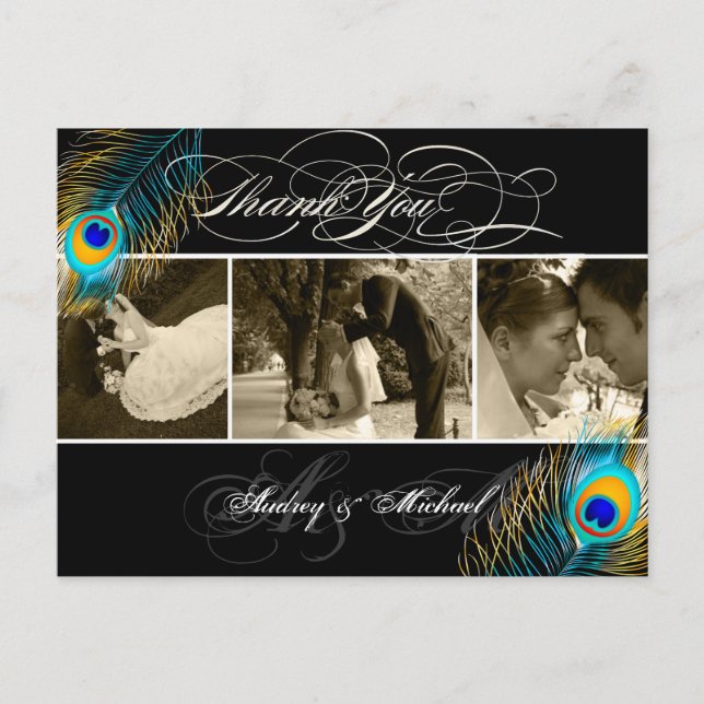 PixDezines Peacock Bröllop Foton Tack Vykort (Framsida)