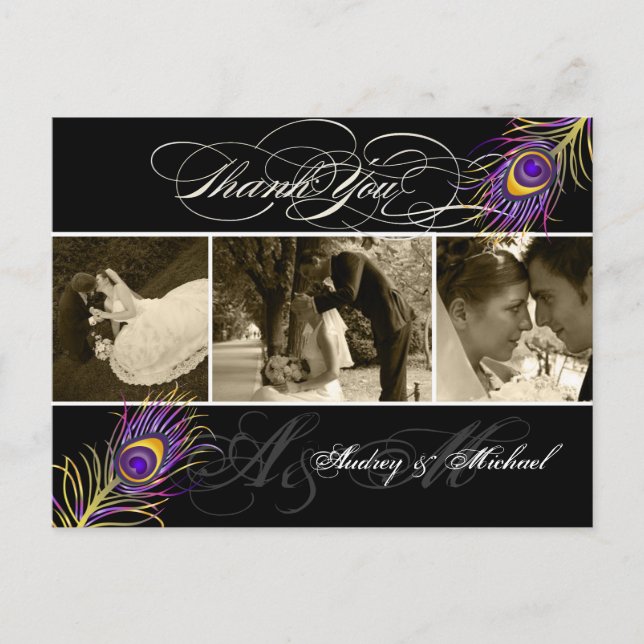 PixDezines Peacock Bröllop Foton Tack Vykort (Framsida)