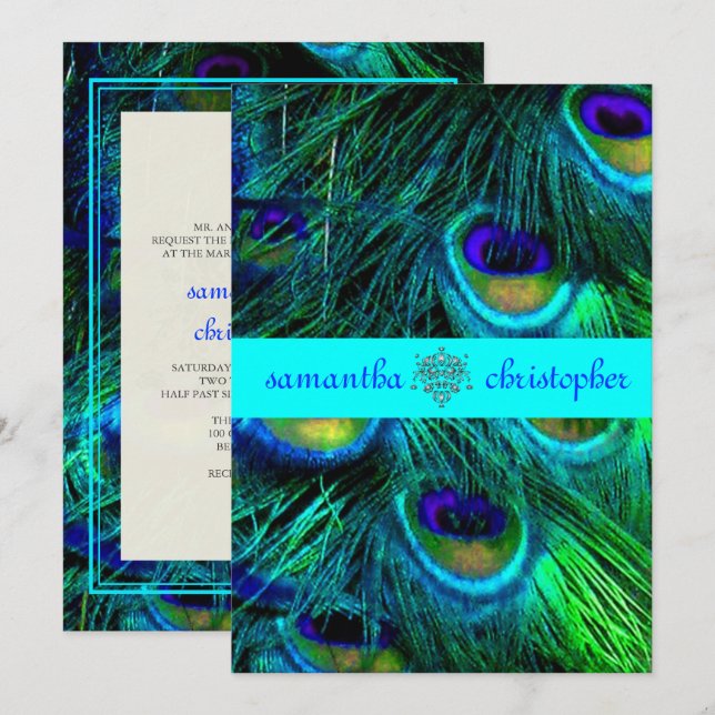 PixDezines PEACOCK FEADER/AQUA/TURQUOISE-INBJUDNIN Inbjudningar (Fram/baksida)