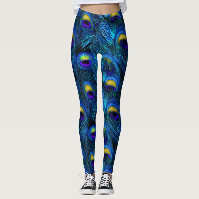 PixDezines Peacock Feather/Cobalt/Aqua Leggings (Framsida)