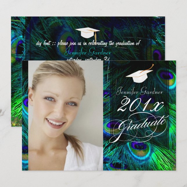 PixDezines Peacock Feather Studenten Inbjudningar (Fram/baksida)