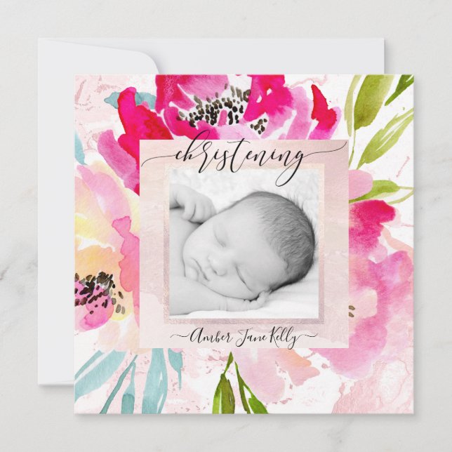 PixDezines Photo Christening Watercolor Flowers Inbjudningar (Framsida)