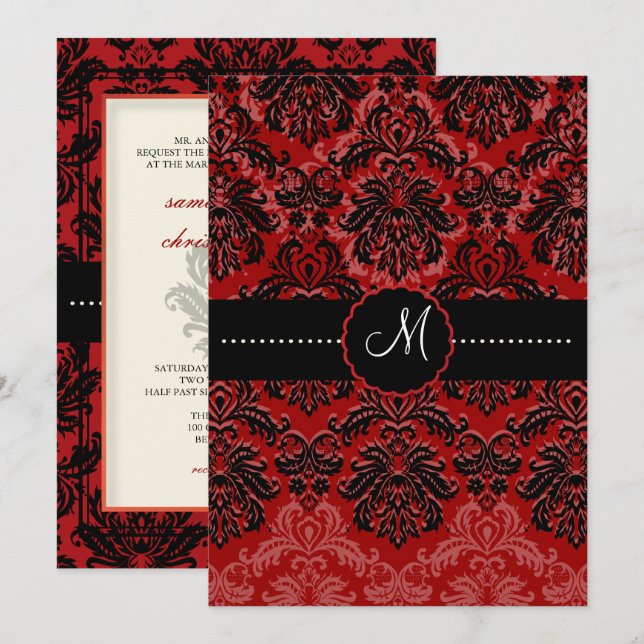PixDezines Piqué, Damask / Black + Red Velvet Inbjudningar (Fram/baksida)