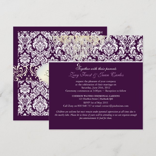 PixDezines Plum Moiré Damask/Kristallkrona Inbjudningar (Fram/baksida)