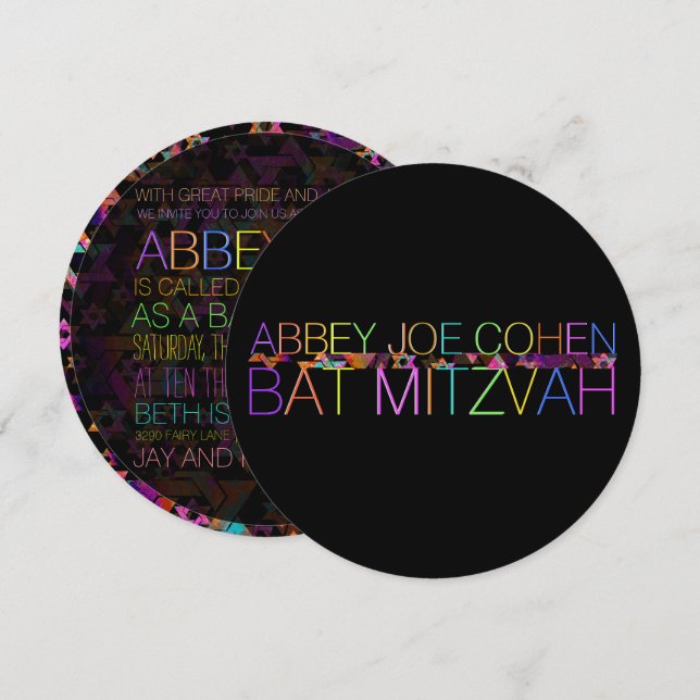 PixDezines psychedelic-stjärnor/neon/bat mitzvah Inbjudningar (Fram/baksida)