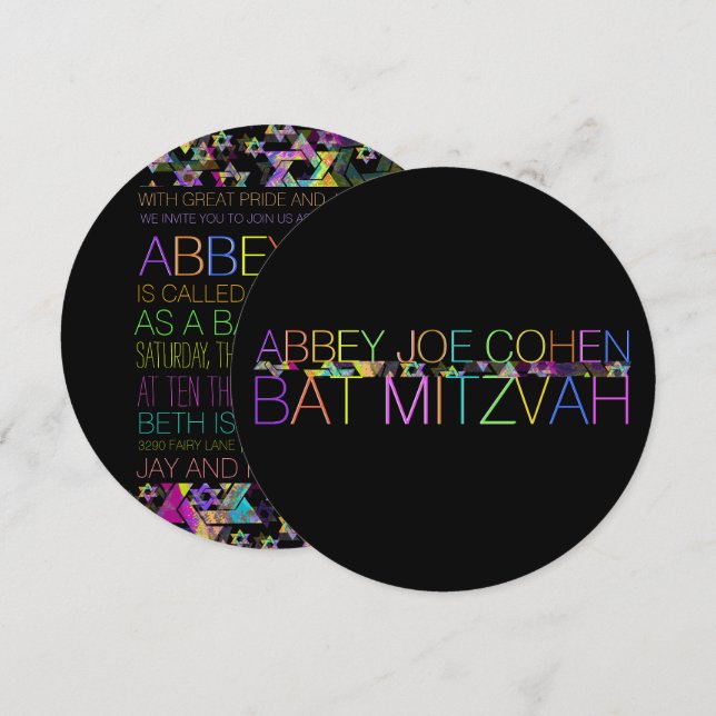 PixDezines psykedeliska stjärnor/neon/bat mitzvah Inbjudningar (Fram/baksida)