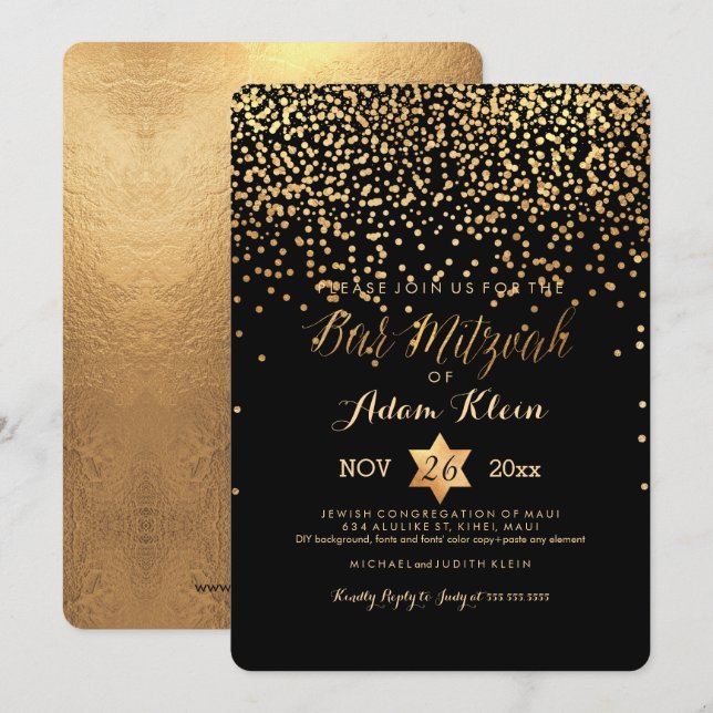 PixDezines Pub Mitzvah/Faux Guld confetti Inbjudningar (Fram/baksida)