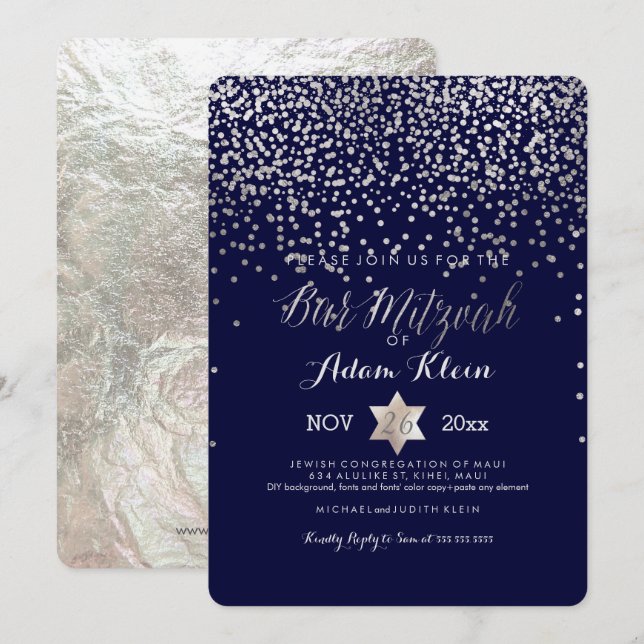 PixDezines Pub Mitzvah/Faux Silver Confetti Inbjudningar (Fram/baksida)