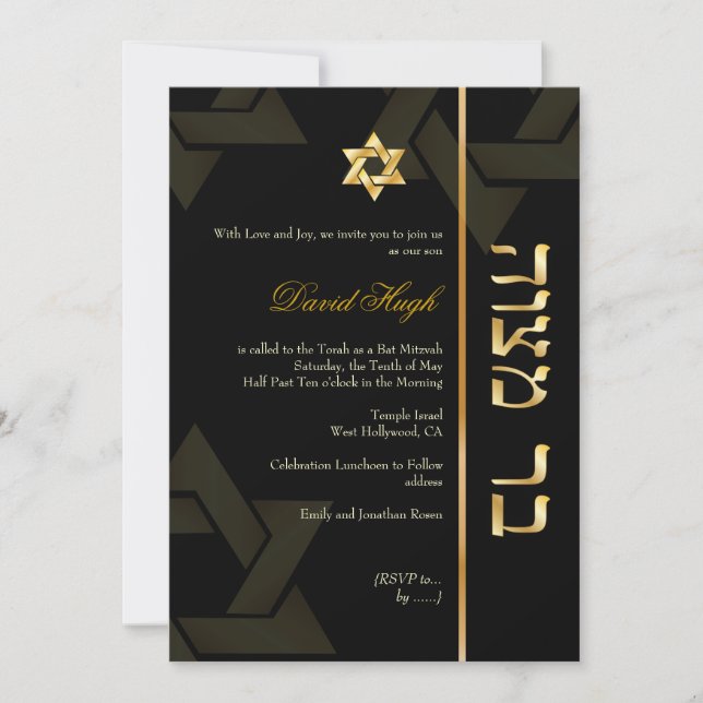 PixDezines Pub Mitzvah/Hebrew/black/guld Inbjudningar (Framsida)