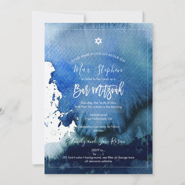 PixDezines Pub Mitzvah |Navy Blue Watercolor Inbjudningar (Baksida)
