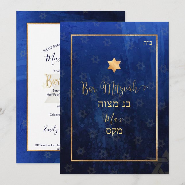 PixDezines Pub Mitzvah |Navy Blue Watercolor Inbjudningar (Fram/baksida)