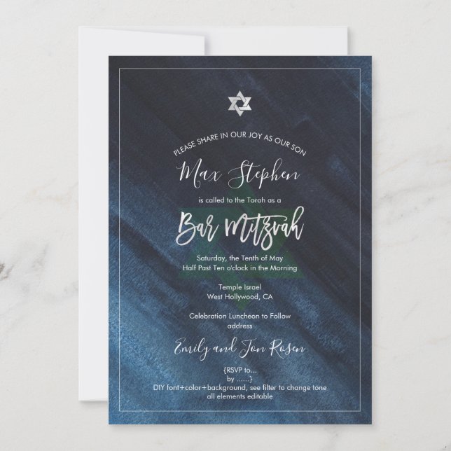 PixDezines Pub Mitzvah|Thunder Blue Watercolor Inbjudningar (Baksida)
