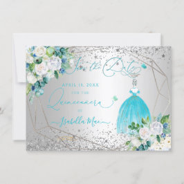 PixDezines Quinceanera Aqua Blå Klänning Spara Dat Inbjudningar