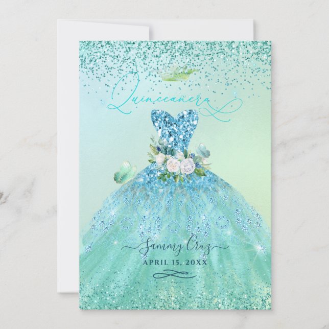 PixDezines Quinceanera Aqua Teal Glitter Gown Inbjudningar (Framsida)