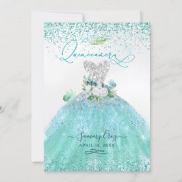 PixDezines Quinceanera Aqua Teal Glitter Klänning Inbjudningar
