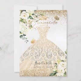 PixDezines Quinceanera Champagne Guld Glitter Gown Inbjudningar