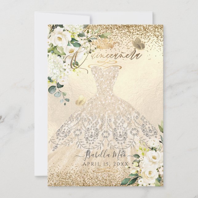 PixDezines Quinceanera Champagne Guld Glitter Gown Inbjudningar (Framsida)