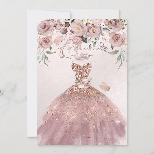 PixDezines Quinceanera Dusty Ro Glitter Gown Inbjudningar (Framsida)